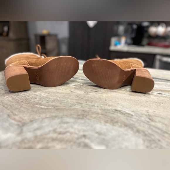 WOMEN'S JERENE SUEDE AND SHEEPSKIN HIGH BLOCK HEEL BOOTIES IN BROWN - Picture 6 of 6